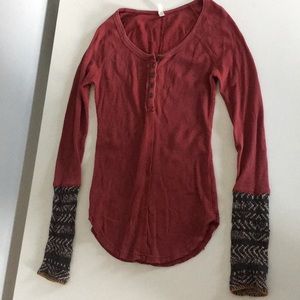 Red Free People knit-cuff thermal Henley